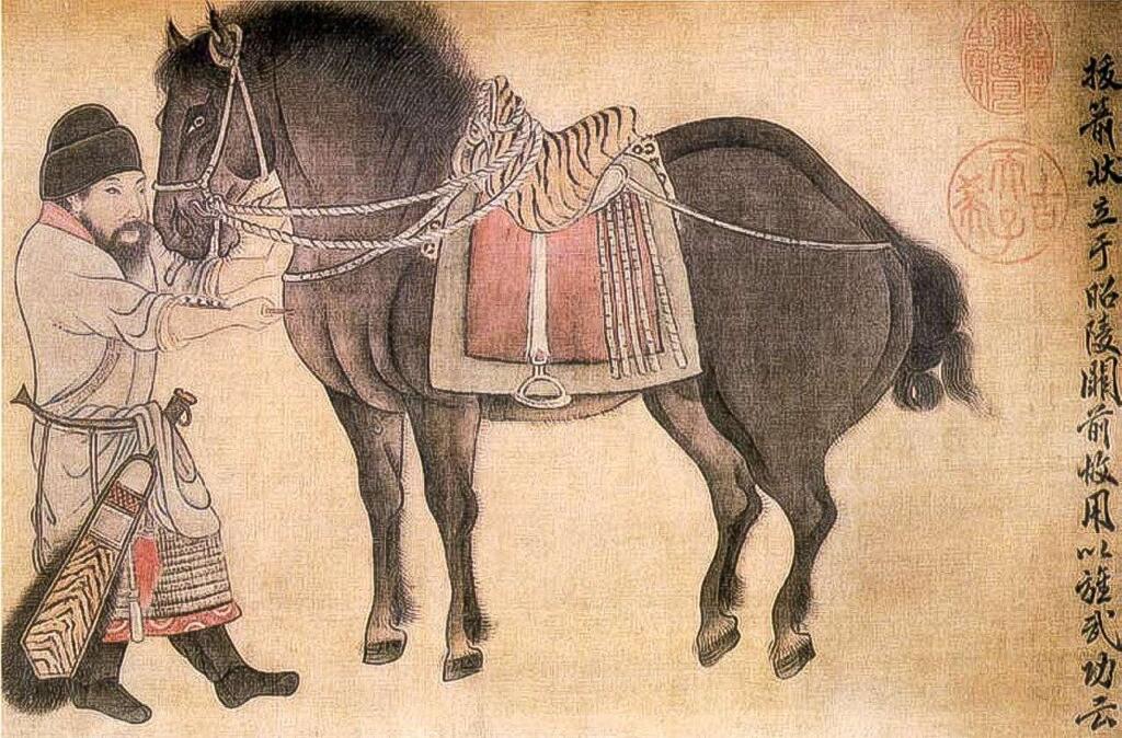 Khâu Hành Cung (trái) đang nhổ một mũi tên cho “ Táp Lộ Tử “ được mô tả trong ” của Triệu Lâm thời nhà Kim, được sưu tầm bởi Bảo tàng Cố Cung ở Bắc Kinh.