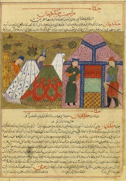 Doanh trại Thành Cát Tư Hãn. Hình ảnh từ thời kỳ Y Nhi Hãn Quốc của Mông Cổ, nhà sử học Ra Shid al-Din Hamadani (năm 1247 đến năm 1318) chủ biên «Sử tập». (Ảnh: Phạm vi công cộng)