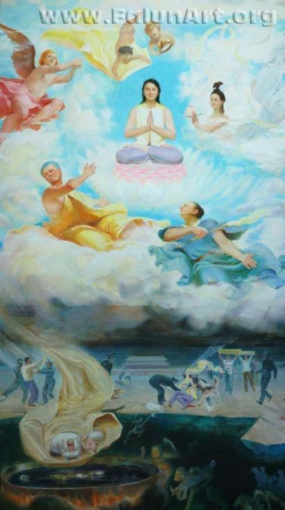 Tác phẩm Định Vị Trí, Trương Côn Luân, tranh sơn dầu, 170x297cm, năm 2004 (Ảnh zhengjian), mối quan hệ giữu con người và Thần.