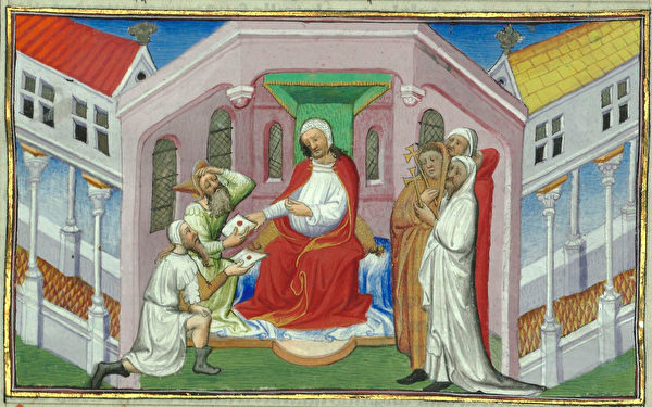 Tranh minh hoạ “Trưởng lão John” (ở giữa mặc đồ đỏ người), tức Vương Hãn trong «Marco Polo du ký». (Ảnh: Phạm vi công cộng)