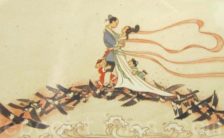 Sau này Tây Vương Mẫu thương tình, cho phép họ mỗi năm vào ngày mùng 7 tháng 7 được đàn quạ dùng đầu của mình bắc cầu cho đôi tình nhân được gặp nhau. (Ảnh: Zhong Yuan / Epoch Times)